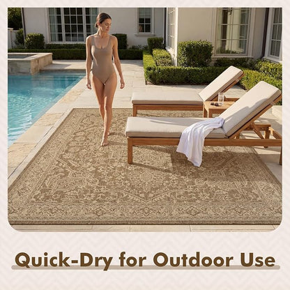 MontVoo-Outdoor Rug-Patio Rug 8x10 Polypropylene Indoor Outdoor Rugs Carpet for Patio Deck Balcony Porch, Textured Weave, Durable for High Traffic, Fade-Resistant, Vintage Medallion Neutral Brown
