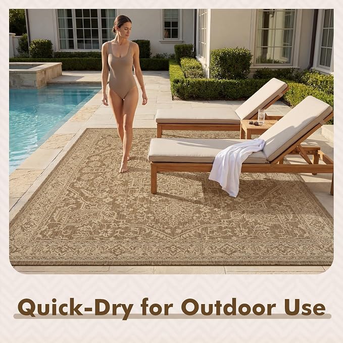 MontVoo-Outdoor Rug-Patio Rug 5x7 ft Polypropylene Indoor Outdoor Rugs Carpet for Patio Deck Balcony Porch, Textured Weave, Durable for High Traffic, Fade-Resistant, Vintage Medallion Neutral Brown