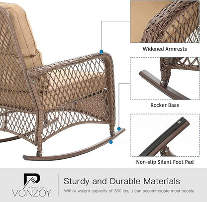 Patio Furniture Set 3 Pieces, Wicker Rocking Bistro Set with Thick Cushions, Outdoor Rocker Chairs and Coffee Table for Porch, Backyard or Garden (Khaki)