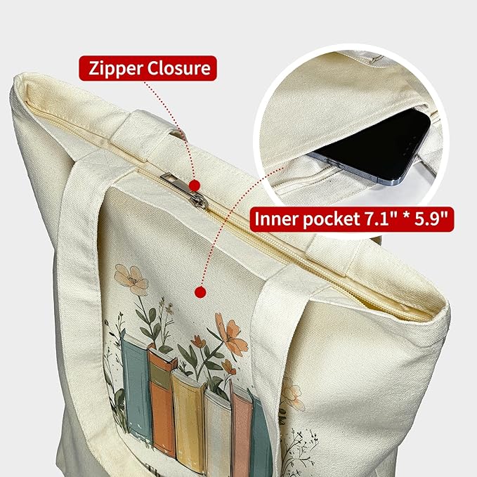 itgowisa Canvas Tote Bag for Women, Tote Bag with Zipper Inner Pocket, Zippered Canvas Bag for Shopping Work Grocery Everyday