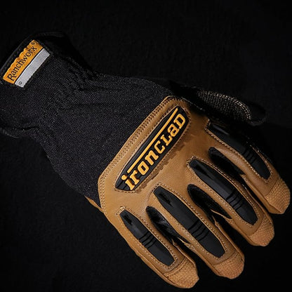 Ironclad Ranchworx Work Gloves RWG2, Premier Leather Work Glove, Performance Fit, Durable, Machine Washable, (1 Pair), RWG2-04-L,Brown/Black