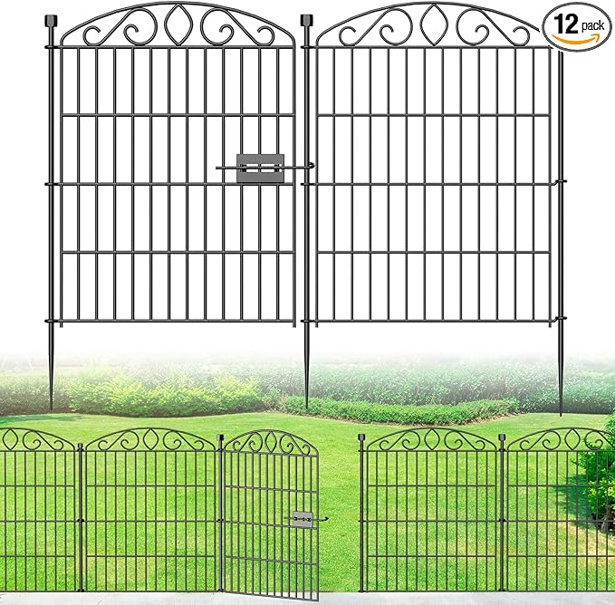 Garden Fence 12 Panel with Gate - 30in H x 22.72 ft L, No Dig Rustproof Metal Tall Animal Barrier for Dogs Rabbits, Decorative Outdoor Border for Yard, Patio, and Flower Beds