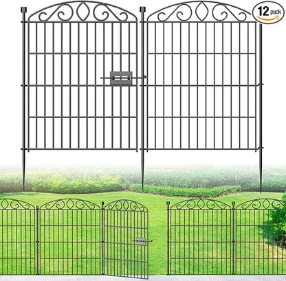 Garden Fence 12 Panel with Gate - 30in H x 22.72 ft L, No Dig Rustproof Metal Tall Animal Barrier for Dogs Rabbits, Decorative Outdoor Border for Yard, Patio, and Flower Beds