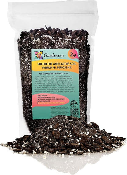 Gardenera Professional Succulent Soil Premium All Purpose Blend | Pre-Mixed Ready to Use for Cactus and Succulents | Sphagnum Peat Moss, Perlite, New Zealand Pine Bark - Made in USA - 2 Quart