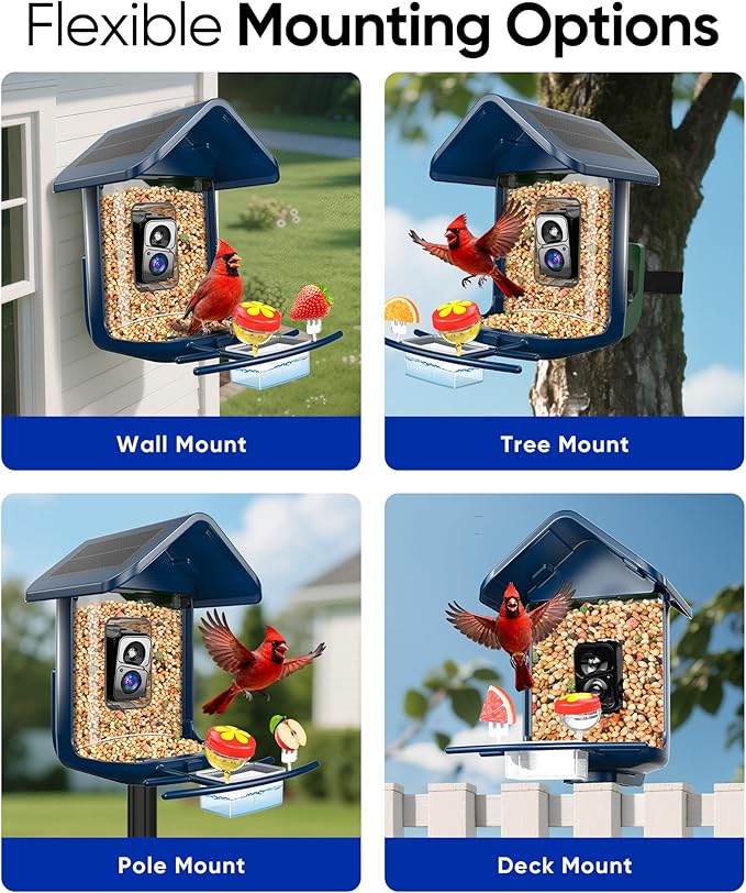 Bird Feeder with Camera Solar Powered - Smart Bird Feeder Camera 2K HD Live Stream, 5MP Photos, AI Identification for Backyard, 2.4Lb Large Capacity, Gifts for Mom Dad, Blue
