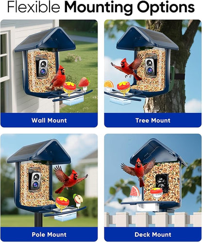 Bird Feeder with Camera Solar Powered - Smart Bird Feeder Camera 2K HD Live Stream, 5MP Photos, AI Identification for Backyard, 2.4Lb Large Capacity, Gifts for Mom Dad, Blue