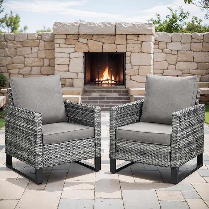 Rilyson Wicker Outdoor Patio Chairs Set of 2-2 Piece Rattan Chairs with Waterproof Wicker,Comfortable Cushions and Sturdy Metal Frame for Outside Porch Deck Backyard(Mixed Grey/Grey)