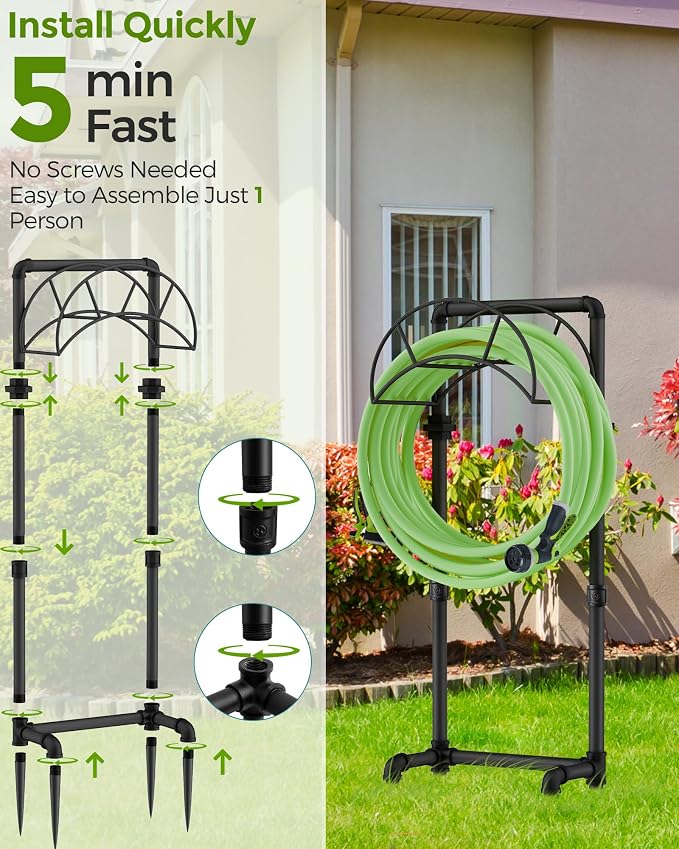 LAND·VOI Freestanding Garden Water Hose Storage Holder Stand for Outside, 160-Ft Hose Heavy Duty Metal Hanger Reel Organizer Outdoor Yard Lawn, Standing Keeper Rack with Ground Stake, Black GHH02B