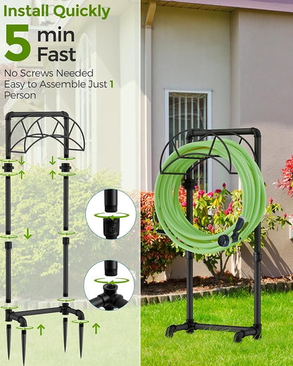LAND·VOI Freestanding Garden Water Hose Storage Holder Stand for Outside, 160-Ft Hose Heavy Duty Metal Hanger Reel Organizer Outdoor Yard Lawn, Standing Keeper Rack with Ground Stake, Black GHH02B