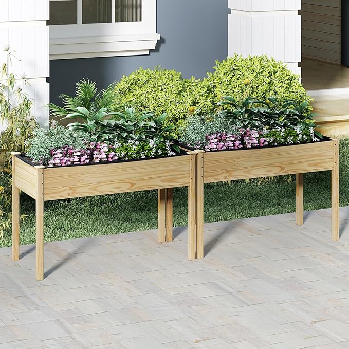 S AFSTAR Wooden Raised Garden Bed with Legs, Planter Box with Liner & Drainage Holes for Vegetable Flower Herb, Indoor Outdoor Elevated Gardening Box for Backyard Patio Balcony