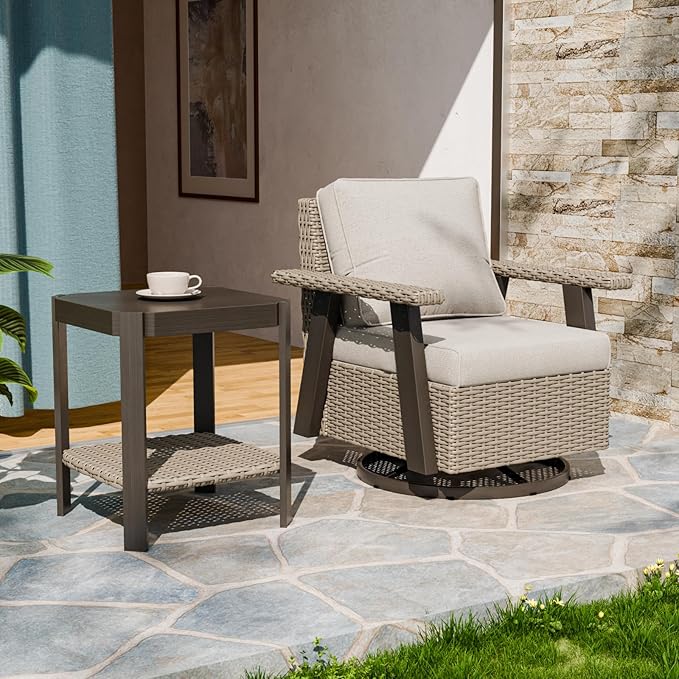 EAGLE PEAK Classic Wicker Patio Bistro Set of 2, Outdoor Patio Furniture with 360° Swivel Rocker Chair and Side Table, Lounge Set for Porch, Deck, or Balcony, Beige/Beige