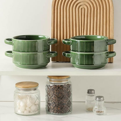 Soup Bowls with Handles, 23 oz French Onion Soup Crocks, Stackable Soup Bowl Oven Safe for Chili, Beef Stew, Embossment Ceramic Bowl Set - 5.4 Inch, Set of 4 (Green)
