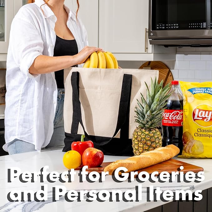 Carrywell (Not Made In China) Canvas Tote Bags with Zipper 6-Pack, 15" x 21", Heavy Duty Organic Cotton With Handles and Front Pocket, Reusable Shopping Totes