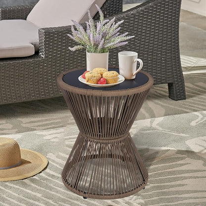 SUNNYPARK Outdoor Side Table 20'' H Small End Tables Woven Rope Weather Resistant with Glass Top Round Coffee Table for Indoor Balcony Patio Poolside (Brown)