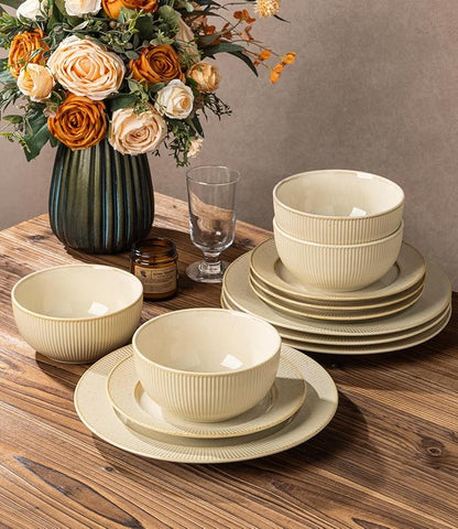 TheTerra Ceramic Dinnerware Set for 4, 12-Piece Plates and Bowls Set | Lightweight Porcelain Dish Set, Scratch Resistant, Oven & Microwave & Dishwasher Safe, Cream Latte