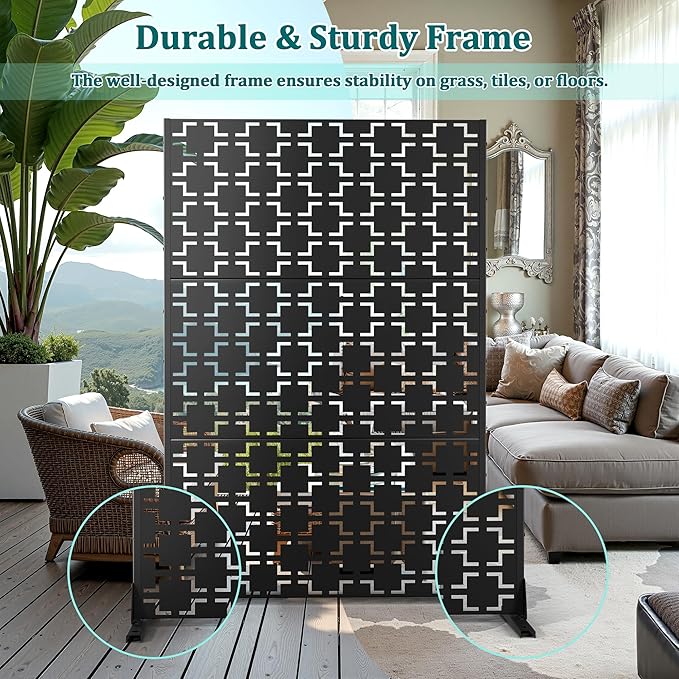 Metal Privacy Screen Outdoor Privacy Screen, Freestanding Fence Panel for Outside, 72''H×47''W, Decorative Screen Panel for Backyard/Patio/Deck