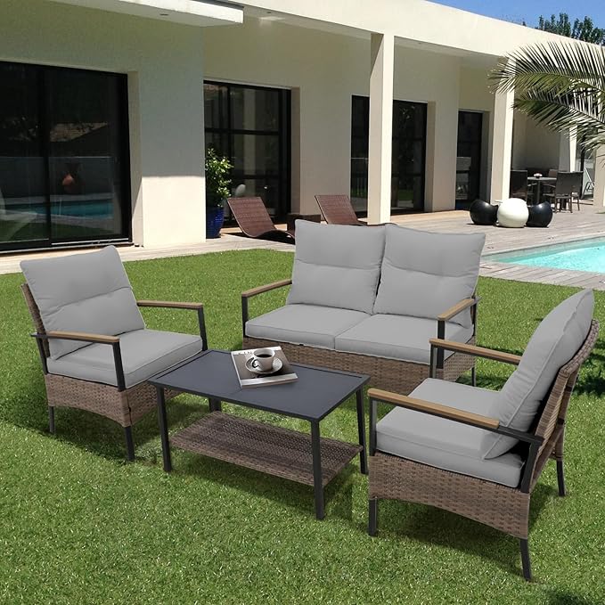 COOS BAY Sunset Haven Outdoor Patio Furniture Set, Outdoor Conversation Set, Rattan Wicker Sofa, Loveseat, 2 Patio Chairs and Coffee Table, Brown/Gray