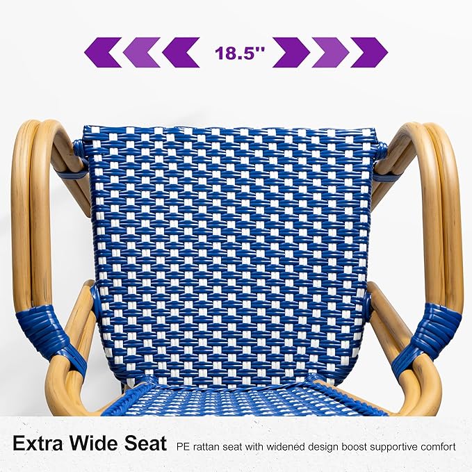 PURPLE LEAF French Bistro Chairs Set of 2 Aluminum Wicker Rattan Hand-Woven Armchairs Outdoor Dining Chairs for Patio Kitchen Garden Bamboo Print Finish Deep Blue