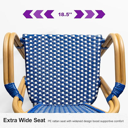 PURPLE LEAF French Bistro Chairs Set of 2 Aluminum Wicker Rattan Hand-Woven Armchairs Outdoor Dining Chairs for Patio Kitchen Garden Bamboo Print Finish Deep Blue