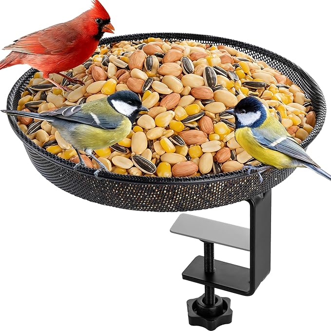 iBorn Deck Bird Feeders for Outdoors,Platform Bird Seed Tray with 5.5 lbs Capacity,Balcony Porch Railing Bird Feeder, Drainage Mesh Holes,Tilt-Proof, Windproof, Anti-Loosen, Easy to Refill&Clean,Black