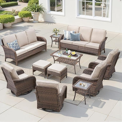 11 Pieces Patio Furniture Set, Outdoor Wicker Sofa with Swivel Patio Chairs, Ottomans, Coffee Table, All Weather High Back Rattan Loveseat Couch with Comfy Cushions, Brown/Beige