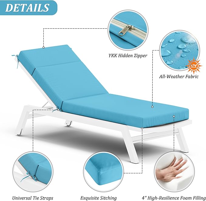 Chaise Lounge Cushion for Outdoor Furniture, Waterproof Fade and Tear Resistant Lounge Deck Chair Cushions for Patio Lawn Pool Resort Hotel