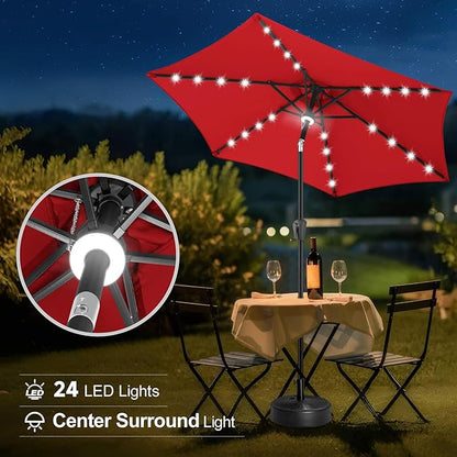 FLAME&SHADE 7.5 ft Solar Powered Outdoor Market Patio Table Umbrella with LED Lights and Tilt, Red