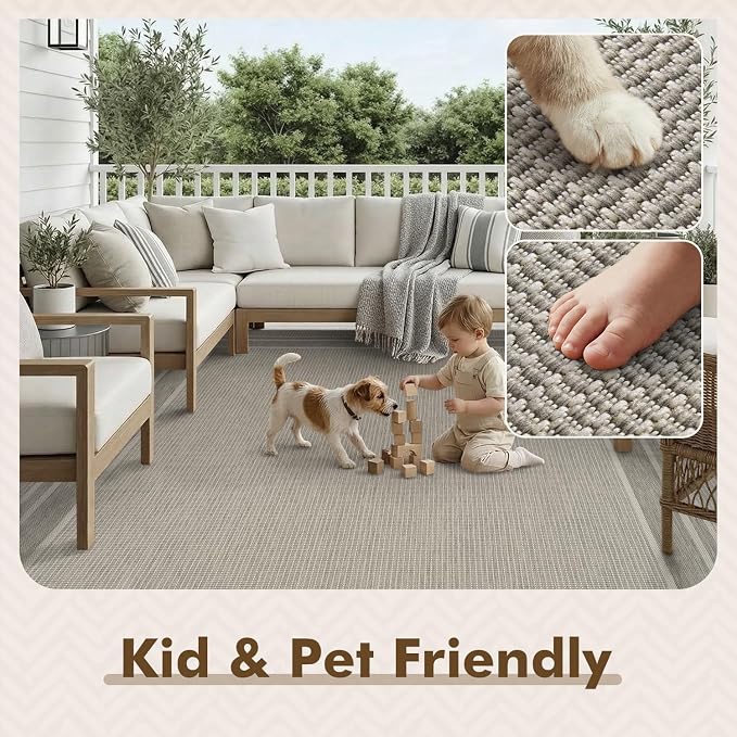 MontVoo-Outdoor Rug-Patio Rug 5x7 ft Polypropylene Indoor Outdoor Rugs Outdoor Carpet for Patio Deck Balcony Porch, Textured Weave, Durable for High Traffic, Fade-Resistant, Modern Silver Grey