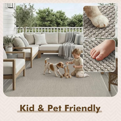 MontVoo-Outdoor Rug-Patio Rug 5x7 ft Polypropylene Indoor Outdoor Rugs Outdoor Carpet for Patio Deck Balcony Porch, Textured Weave, Durable for High Traffic, Fade-Resistant, Modern Silver Grey