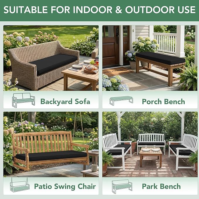 Summsun Outdoor Bench Cushion: Waterproof and Fade Resistant Patio Furniture Cushions - Non-Slip Bench Pad Cushion with Removable Cover for Garden Swing Porch Sofa Settee, 59 x 18 Inch, Black