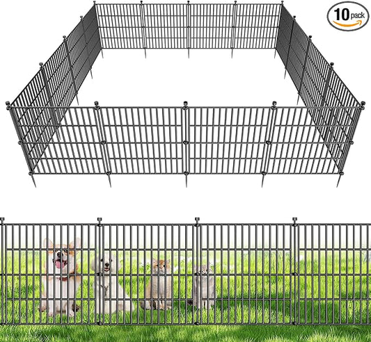 10 Panels No Dig Decorative Outdoor Garden Fence for Yard, 24 in(H) X 20 ft(L) Animal Barrier Fencing Rustproof Metal Wire Panel Border for Dog, Rabbits, and Patio Temporary Ground Stakes