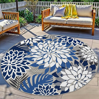 6x6 Outdoor Area Rug Washable Multicolored Patio Rug Tropical Botanical Floral Chenille Waterproof Outdoor Carpet Non-Slip for Patio, Deck, Backyard, Porch, Blue