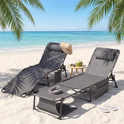 Flamaker Oversize Face Down Chaise Lounge Chair, 27 Inch Wide Foldable Outdoor Patio Chair, 5-Position Adjustable Tanning Chair with Face& Arm Holes for Sunbathing, Pool, Beach, Lawn (Grey, 1 Pcs)