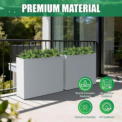 Large Metal Planter Box for Outdoor 30" Lx10“Wx24”H, Tall Rectangular Planters for Outdoor Patio/Porch/Cafe, All-Weather Durable Galvanized Steel, Modern Design for Plants, Flower,Garden, White