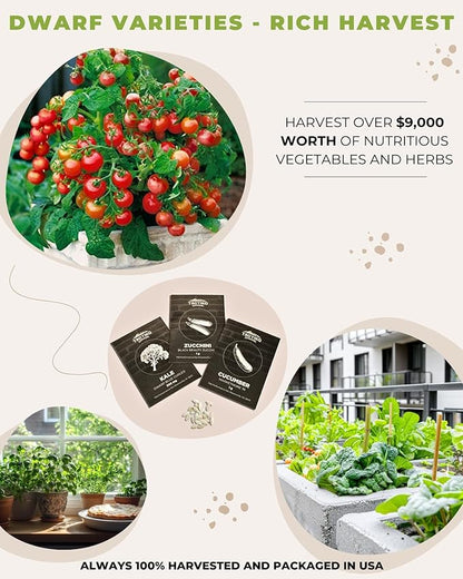 Tactiko Survival 15 Vegetable Seed Kit Varieties for Small Urban Garden, Balconies & Patios - Non-GMO, Heirloom - Popular USA-Grown Dwarf Seeds for Planting Vegetables - Indoor, Outdoor