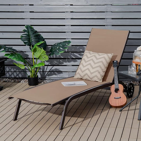 COSTWAY Chaise Lounge Chair Outdoor with Wheels, 6-Position Adjustable Tanning Chair with Stable Aluminum Frame, Portable Sun Bathing Lounge Chair for Backyard, Garden, Poolside, Coffee