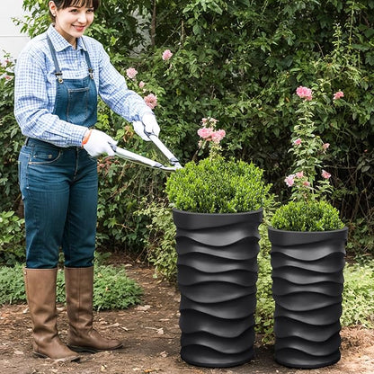 Tall Planter Outdoor Indoor, 2 Pack Extra Large Plant Pots 20" 18" H Tall Large Tree Planter-Modern Matte Wavy Flower Pot for Indoor Outdoor Proch Decor (Black)