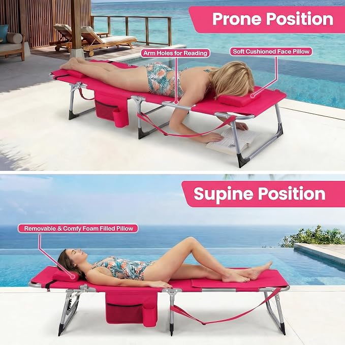 Giantex Tanning Chair, 330Lbs Patio Lounge Chair with 5 Adjustable Position, Face & Arm Hole, Hand/Shoulder Strap, Removable Pillow, Side Pocket, Chaise Lounger for Beach Sunbathing Outdoor, Pink