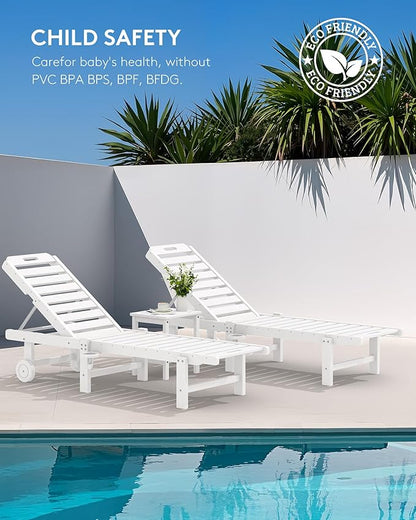 SERWALL Patio Chaise Lounge Set of 2, HDPE Outdoor Lounge Chair with Cup Holder, 5 Positions Adjustable Pool Lounge Chair with Rolling Wheels for Poolside, Deck, Sunbathing, White