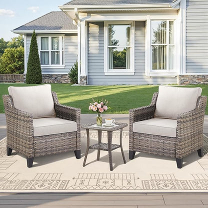 3 Pieces Patio Furniture Sets-Outdoor PE Rattan Wicker Chairs with Thickened Cushion and Glass Coffee Table,All Weather Patio Conversation Set for Garden Backyard Porch Deck Grey/Beige