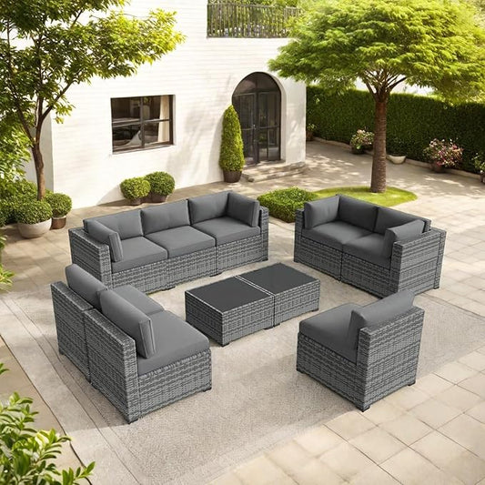 10-Piece Outdoor Sectional Sofa Set, Wicker Patio Furniture with Grey Cushions for Your Villa, Balcony, Porch, Backyard, Grey Rattan