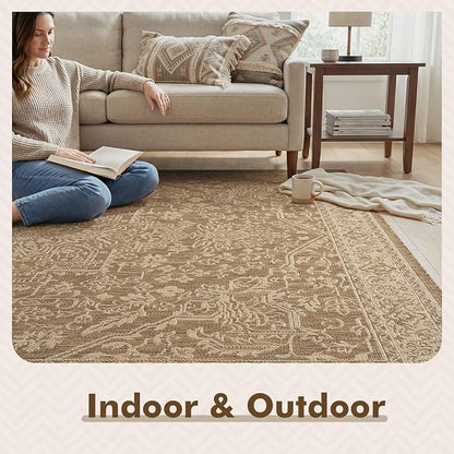 MontVoo-Outdoor Rug-Patio Rug 9x12 ft Polypropylene Indoor Outdoor Rugs Carpet for Patio Deck Balcony Porch, Textured Weave, Durable for High Traffic, Fade-Resistant, Vintage Medallion Neutral Brown