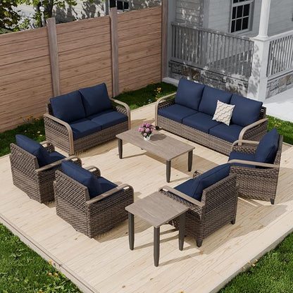 COOS BAY Modern Wicker Outdoor Furniture Set, Patio Conversation Set with Swivel Rockers, Patio Chairs, 3 Seat Couch, Loveseat, Coffee Table and Side Table, 8 Piece, Brown/Blue