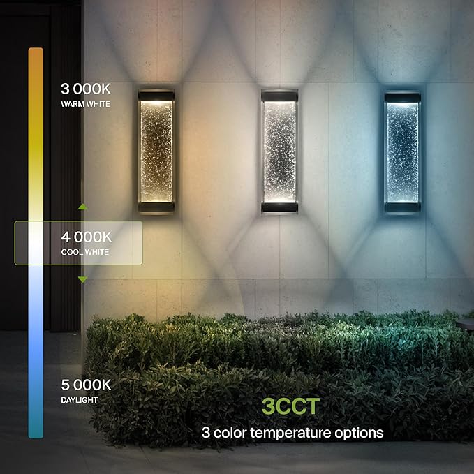 ASD LED 18" Bubble Glass Wall Light Fixture, Outdoor & Indoor Seeded Sconce | 3CCT, Waterproof, Dimmable, Up-Down Glow, ETL Listed | 22W 520LM 3000-5000K 100-277V | Porch Lighting | Black, 2 Pack