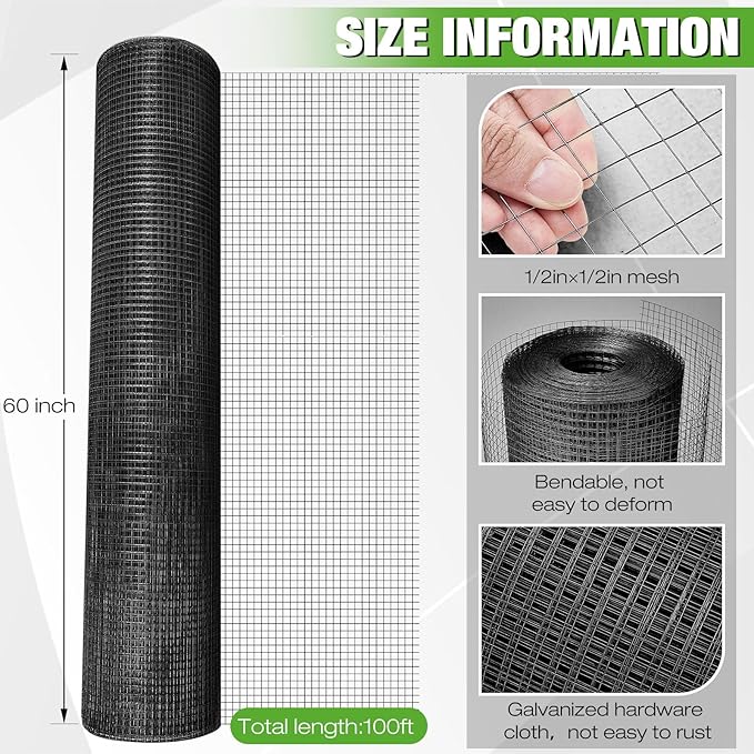 Tatuo Hardware Cloth 1/2 Inch 60in x 100ft Hot Dip Galvanized After Welded Cage Mesh Rolls 21 Gauge Metal Chicken Wire Roll Wire Fencing Poultry Netting for Raised Garden Rodent Animals