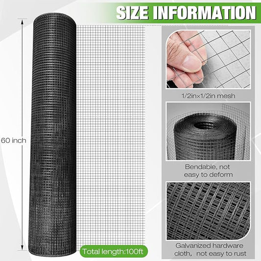 Tatuo Hardware Cloth 1/2 Inch 60in x 100ft Hot Dip Galvanized After Welded Cage Mesh Rolls 21 Gauge Metal Chicken Wire Roll Wire Fencing Poultry Netting for Raised Garden Rodent Animals