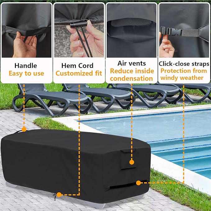 Outdoor Chaise Lounge Cover for 2-3 Stackable Chaise Lounge Chairs, Waterproof, Durable Polyester Fabric, 80 inch Patio Stackable Chaise Lounge Chairs Cover for Pool Lounge Chair Winter Storage, Black