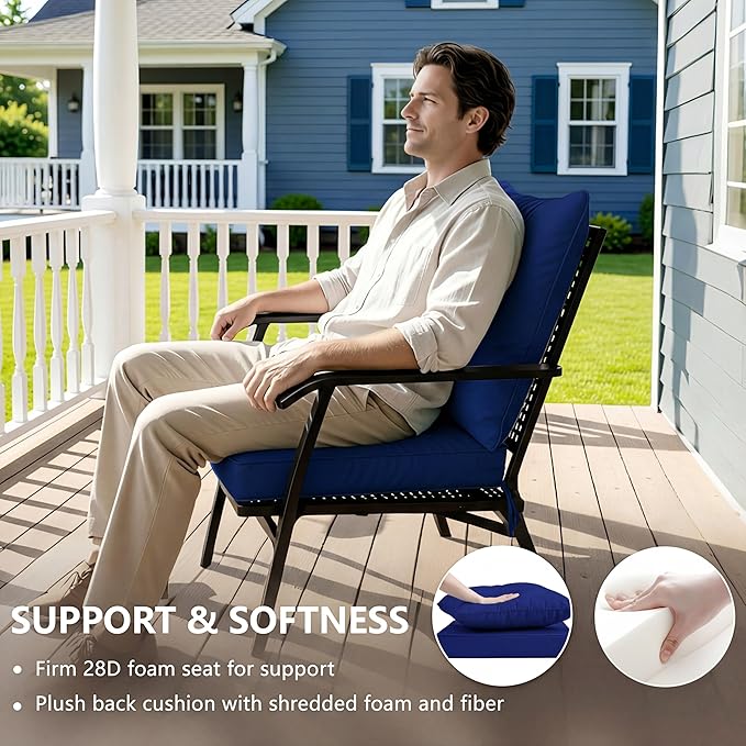19x19 Inch Patio Chair Cushion with Removable Cover, Outdoor Furniture Cushion - Water-Repellent, Fade-Resistant, Non-Slip Bottom & Straps, Replacement for Lawn, Porch & Deck Chair - Navy