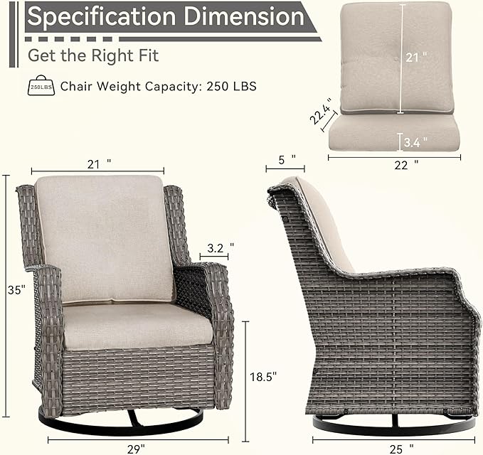 Swivel Patio Chair Outdoors - 360 Degree, Set of 2, Glider Chair with 3.5" Olefin Fabric Cushions (Mixed Grey Rattan/Beige)
