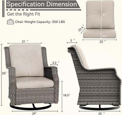 Swivel Patio Chair Outdoors - 360 Degree, Set of 2, Glider Chair with 3.5" Olefin Fabric Cushions (Mixed Grey Rattan/Beige)
